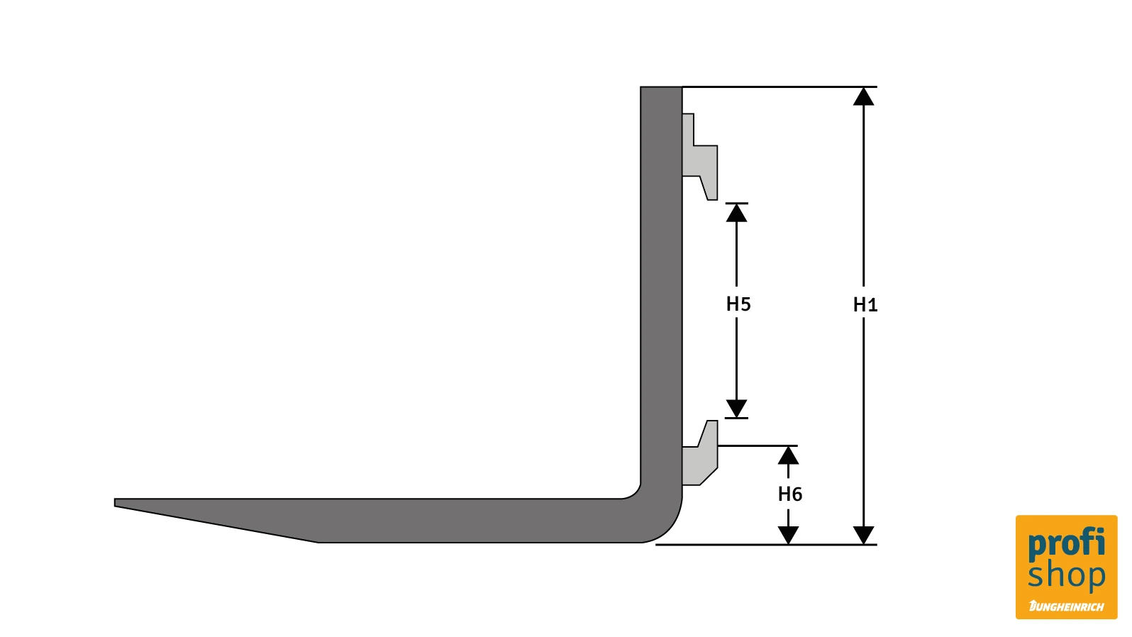 Die Grafik zeigt die Abmessungen der Gabelzinken eines Staplers.